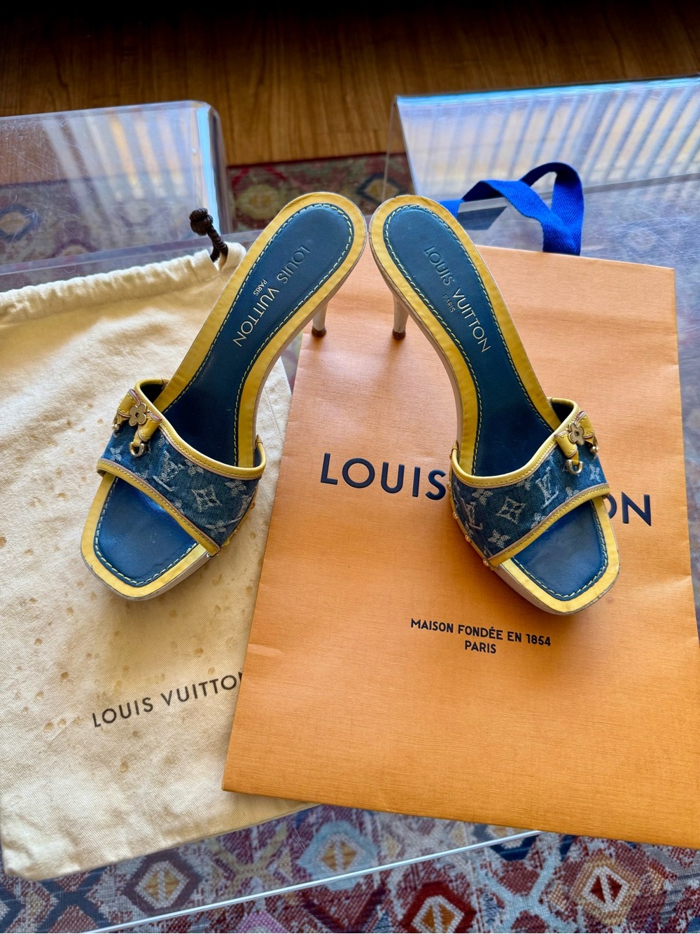 Louis Vuitton Blue Denim Monogram & Yellow Patent Leather w/Bow Accent Slides